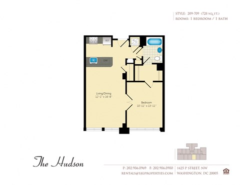 Floor plan for 1 bed, 1 bath, 728 sqft